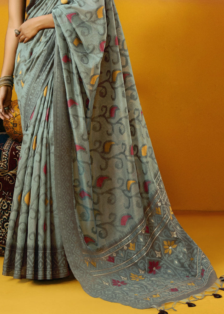 Light Grey Handwoven Spun Cotton Saree with Floral Prints - House of Sarvati LLC