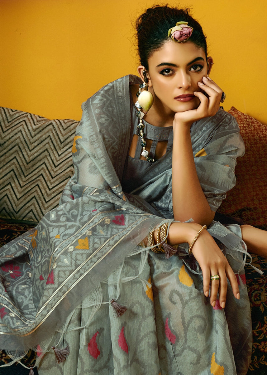 Light Grey Handwoven Spun Cotton Saree with Floral Prints - House of Sarvati LLC
