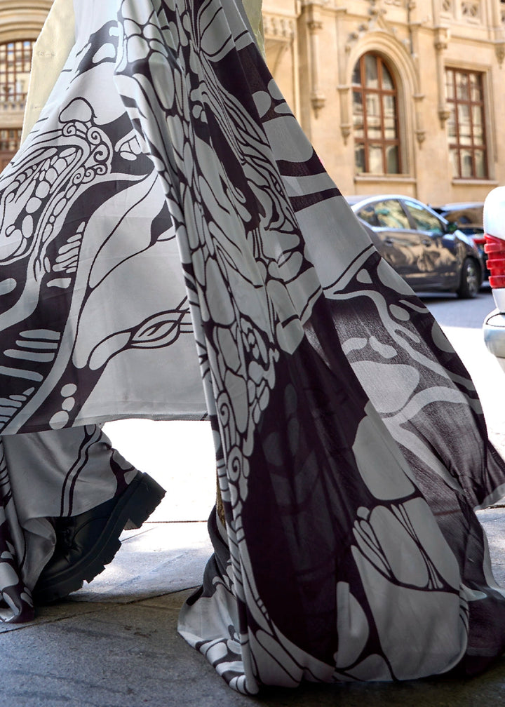 Light Grey Lightweight Printed Saree in Satin Crepe - House of Sarvati LLC