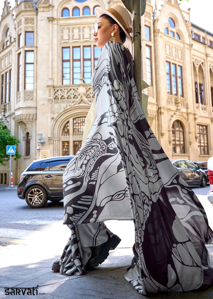 Light Grey Lightweight Printed Saree in Satin Crepe - House of Sarvati LLC