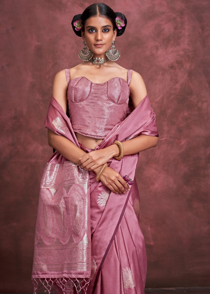 Light Mulberry Purple Satin Silk Saree Handcrafted with a Lustrous Drape - House of Sarvati LLC