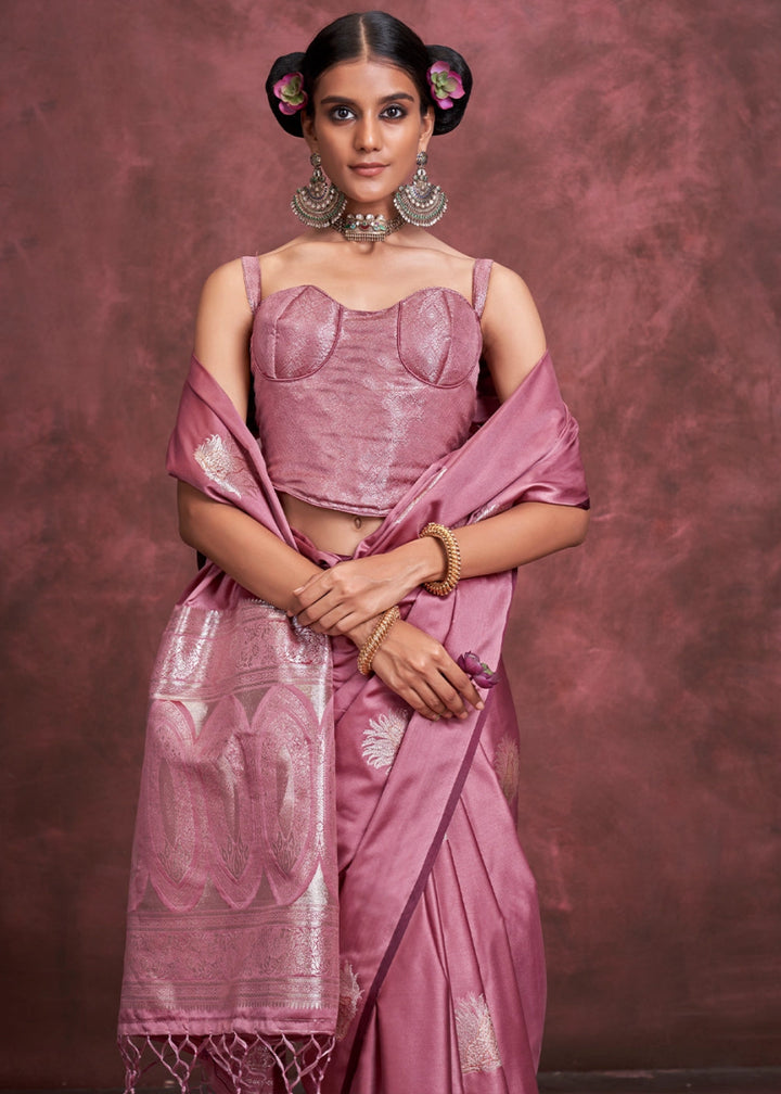 Light Mulberry Purple Satin Silk Saree Handcrafted with a Lustrous Drape - House of Sarvati LLC