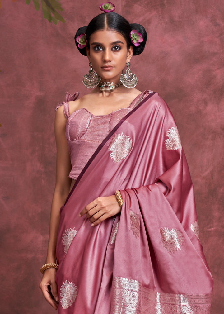 Light Mulberry Purple Satin Silk Saree Handcrafted with a Lustrous Drape - House of Sarvati LLC