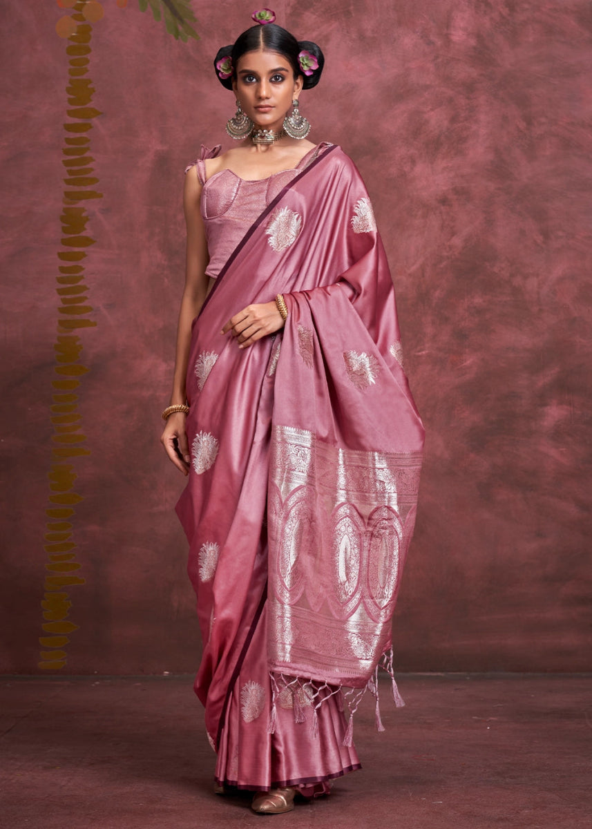 Light Mulberry Purple Satin Silk Saree Handcrafted with a Lustrous Drape - House of Sarvati LLC