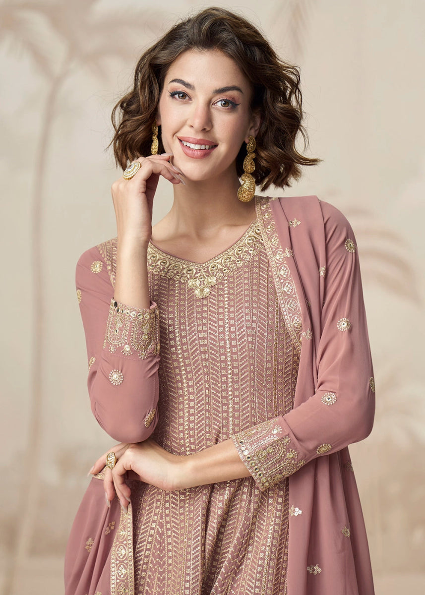 Light Orchid Purple Georgette Palazzo Suit with Exquisite Embroidery - House of Sarvati LLC