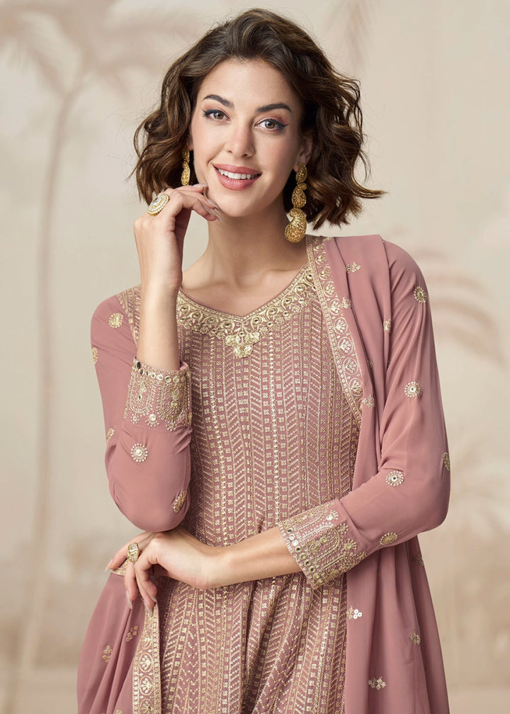 Light Orchid Purple Georgette Palazzo Suit with Exquisite Embroidery - House of Sarvati LLC