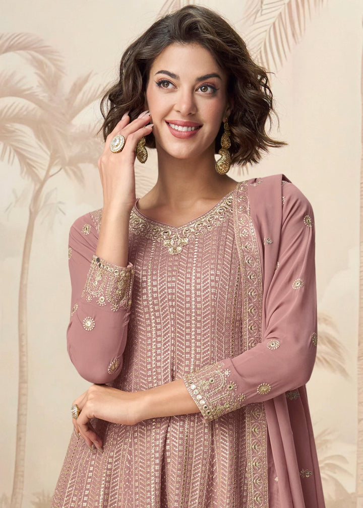 Light Orchid Purple Georgette Palazzo Suit with Exquisite Embroidery - House of Sarvati LLC