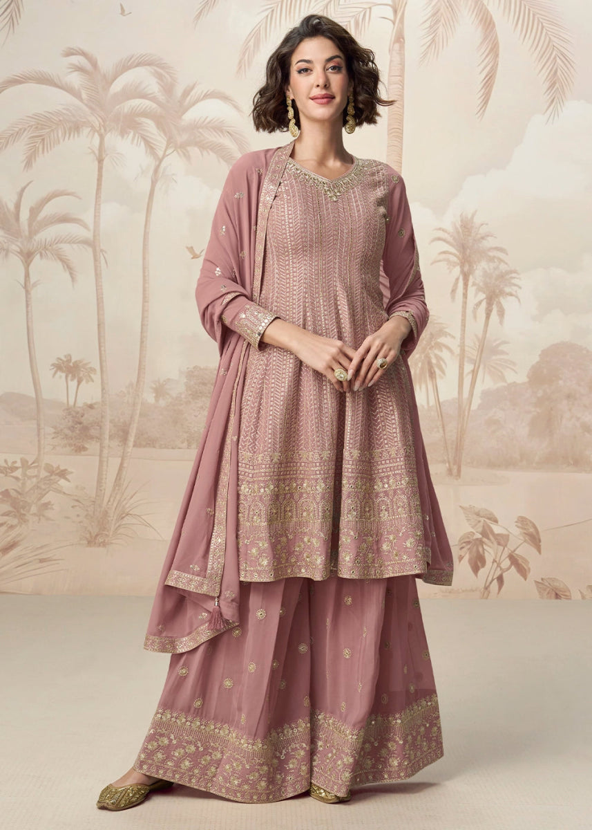 Light Orchid Purple Georgette Palazzo Suit with Exquisite Embroidery - House of Sarvati LLC