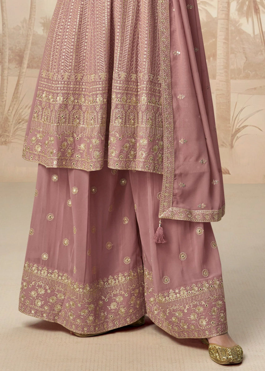 Light Orchid Purple Georgette Palazzo Suit with Exquisite Embroidery - House of Sarvati LLC