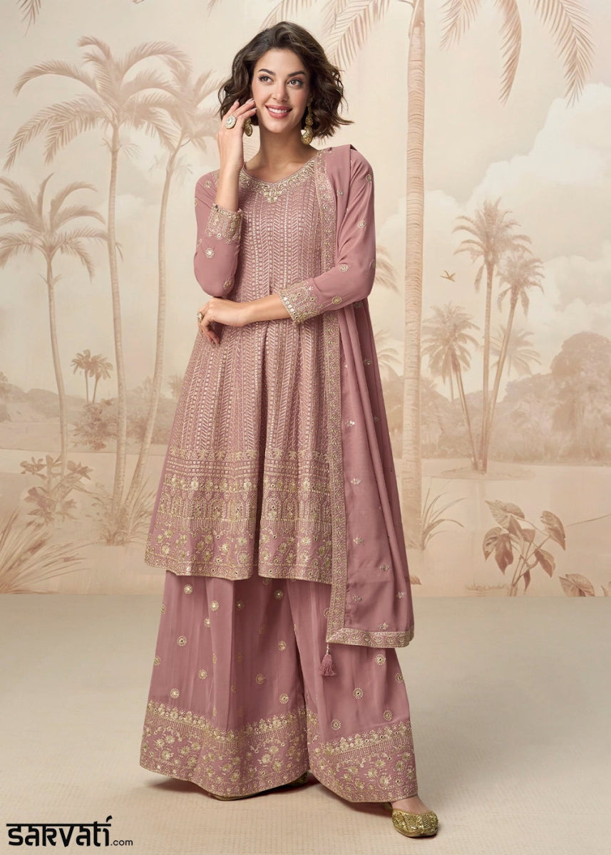 Light Orchid Purple Georgette Palazzo Suit with Exquisite Embroidery - House of Sarvati LLC