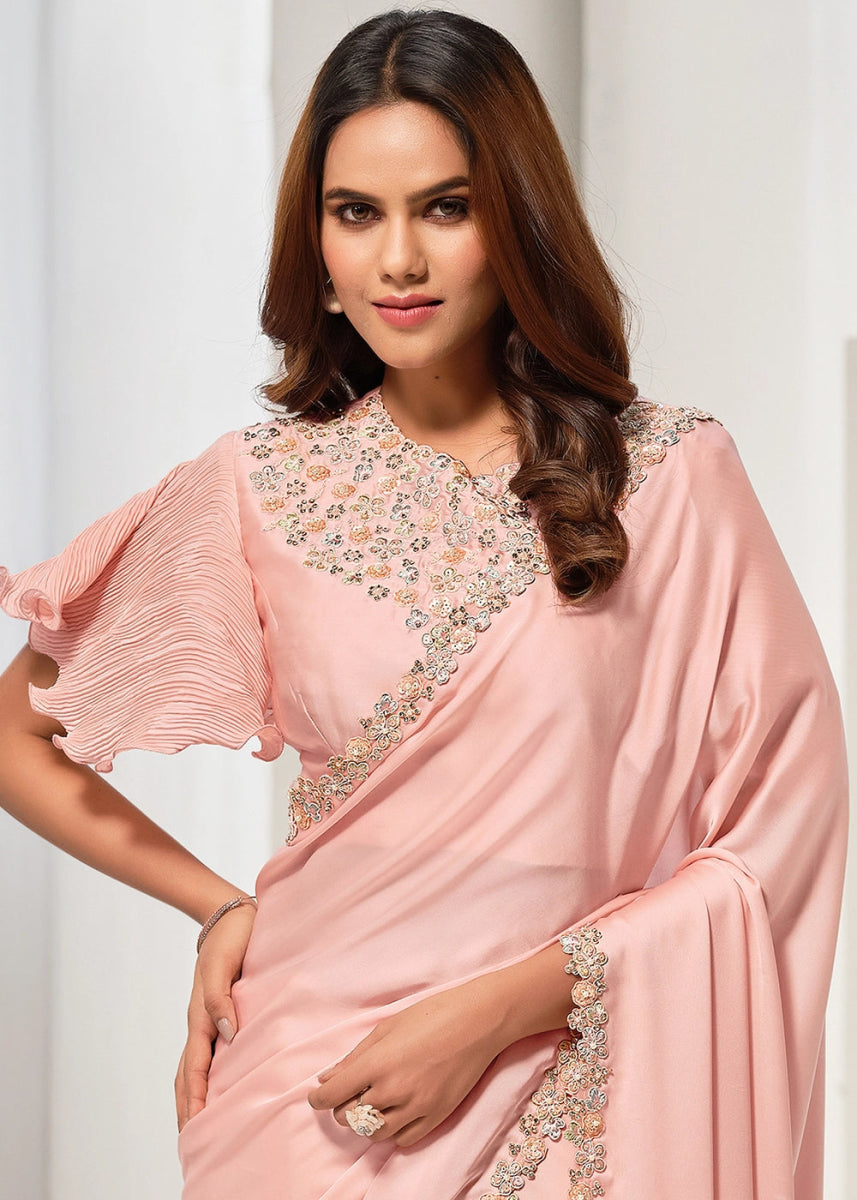 Light Peach Pink Crepe Satin Silk Saree with Glamorous Sequin Detailing - House of Sarvati LLC