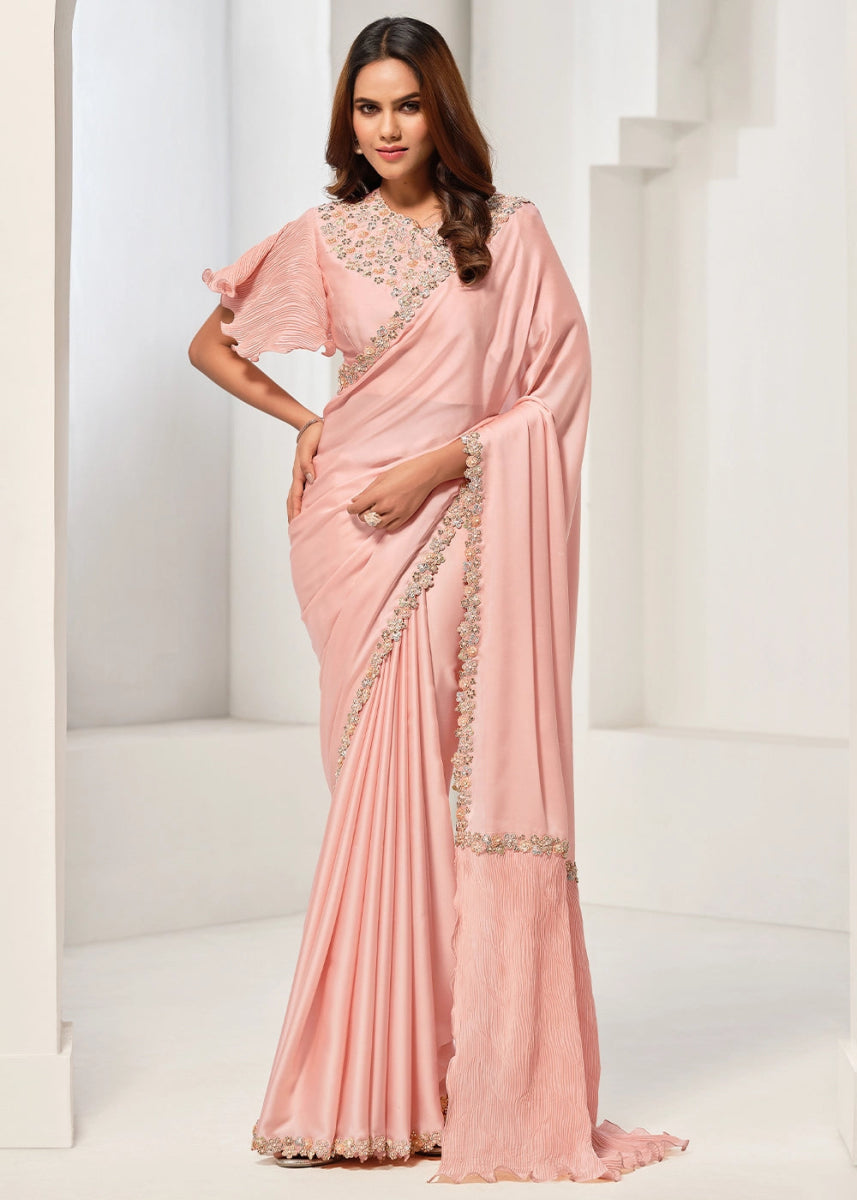 Light Peach Pink Crepe Satin Silk Saree with Glamorous Sequin Detailing - House of Sarvati LLC