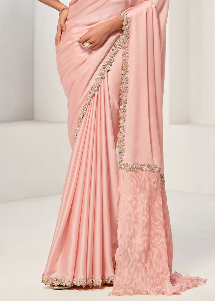Light Peach Pink Crepe Satin Silk Saree with Glamorous Sequin Detailing - House of Sarvati LLC