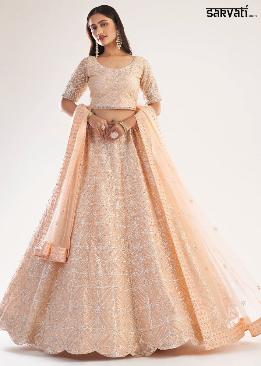 Light Peach Pink Net Lehenga Choli with Handcrafted Cording, Thread, and Stone Work - House of Sarvati LLC