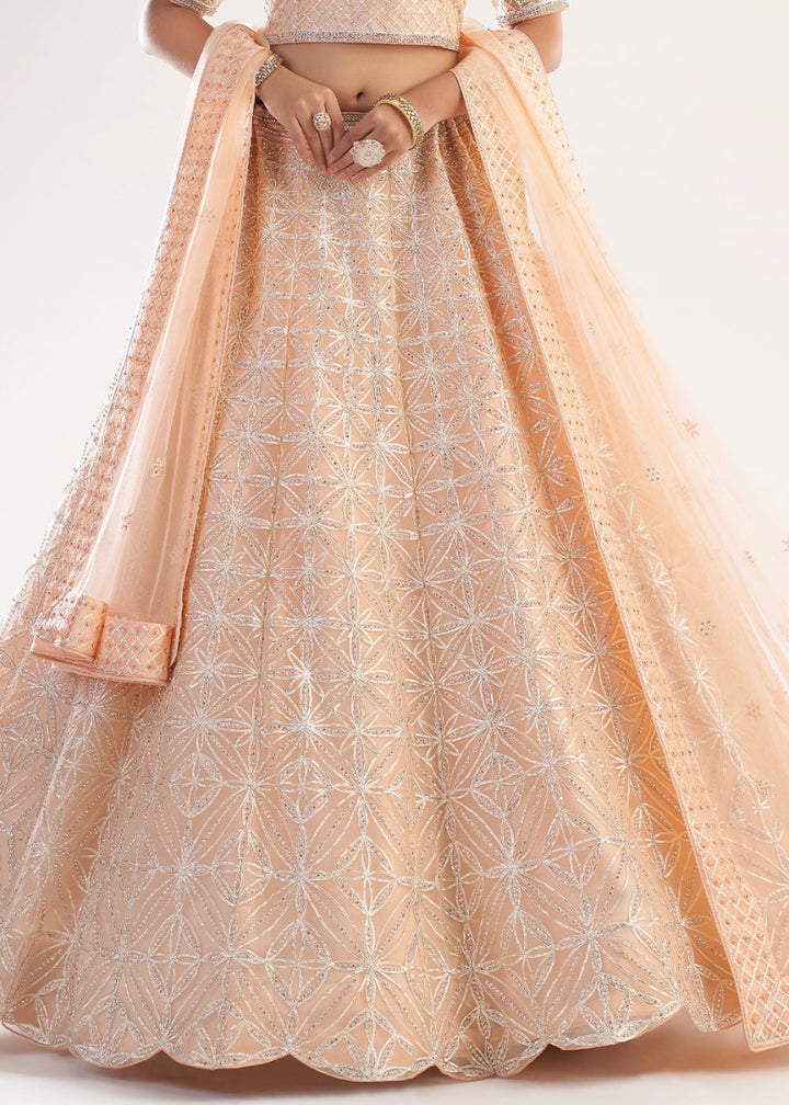Light Peach Pink Net Lehenga Choli with Handcrafted Cording, Thread, and Stone Work - House of Sarvati LLC