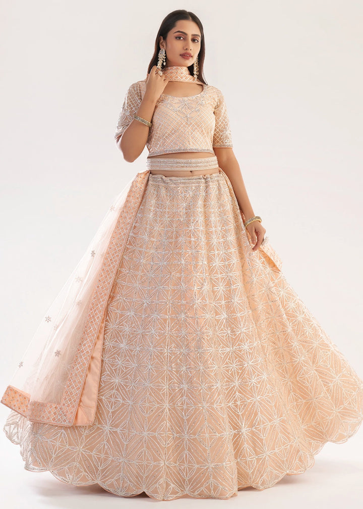 Light Peach Pink Net Lehenga Choli with Handcrafted Cording, Thread, and Stone Work - House of Sarvati LLC