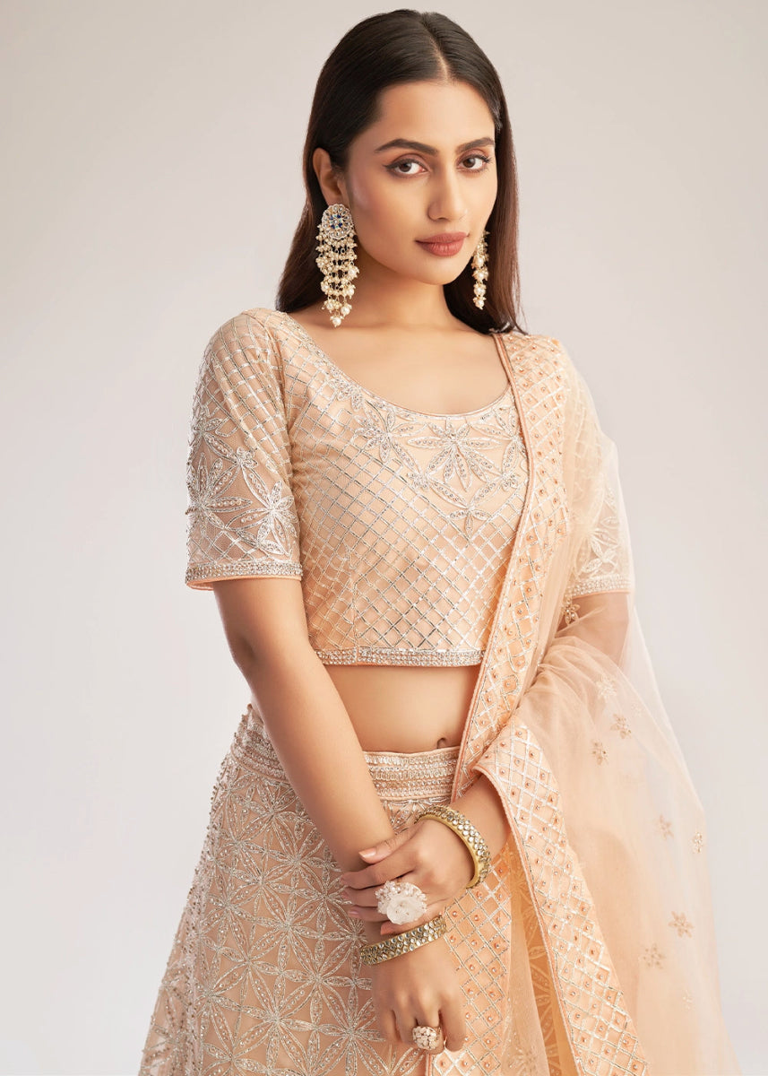 Light Peach Pink Net Lehenga Choli with Handcrafted Cording, Thread, and Stone Work - House of Sarvati LLC