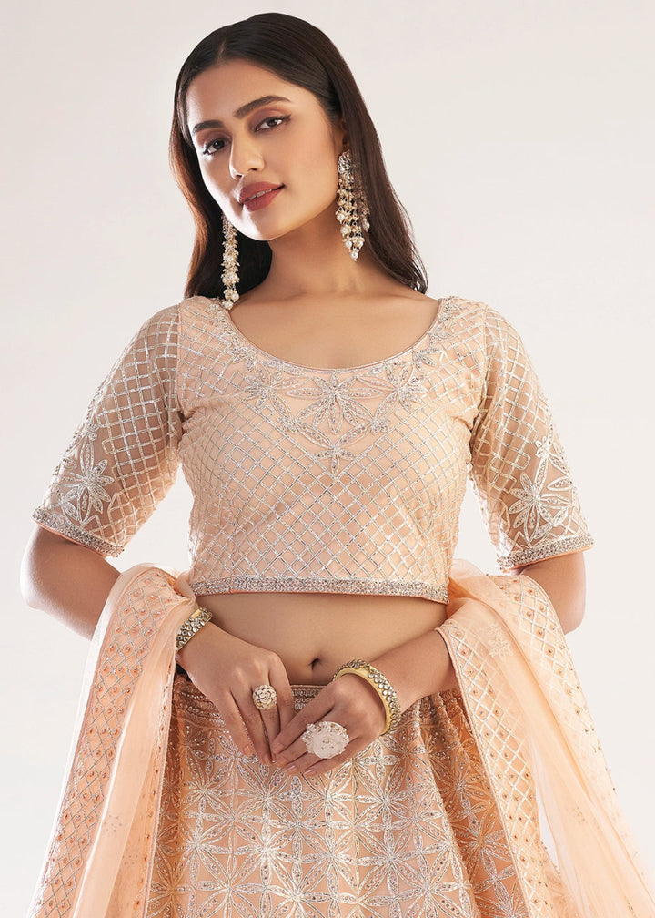 Light Peach Pink Net Lehenga Choli with Handcrafted Cording, Thread, and Stone Work - House of Sarvati LLC