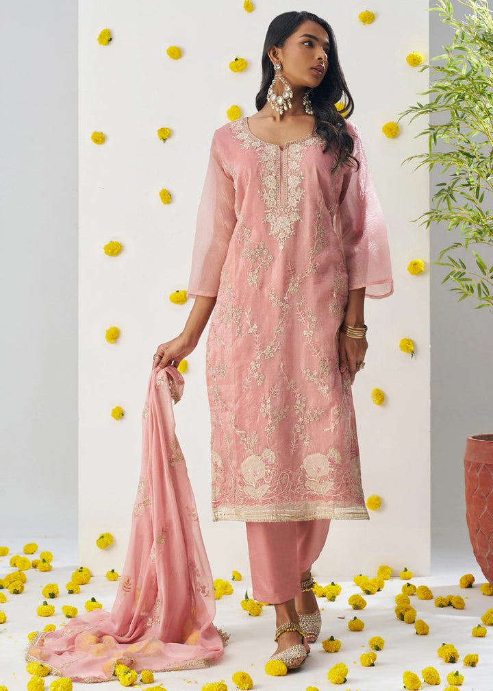 Light Pink Crush Organza Salwar Suit with Floral Embroidery work - House of Sarvati LLC
