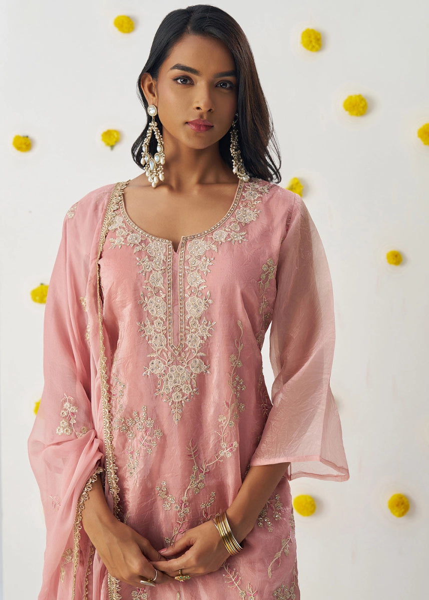 Light Pink Crush Organza Salwar Suit with Floral Embroidery work - House of Sarvati LLC