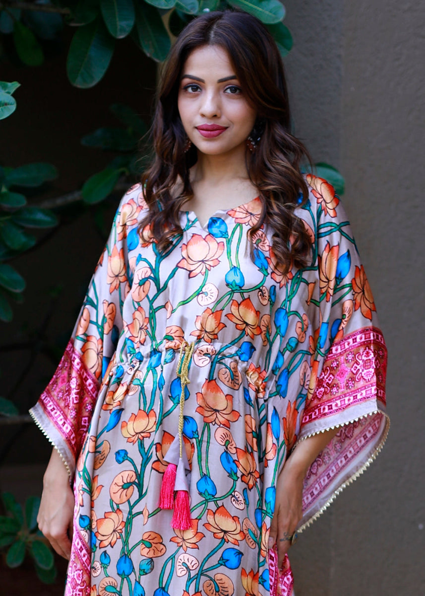 Light Pink Gaji Silk Kaftan with Gota Patti Lace and All - Over Floral Digital Print - House of Sarvati LLC