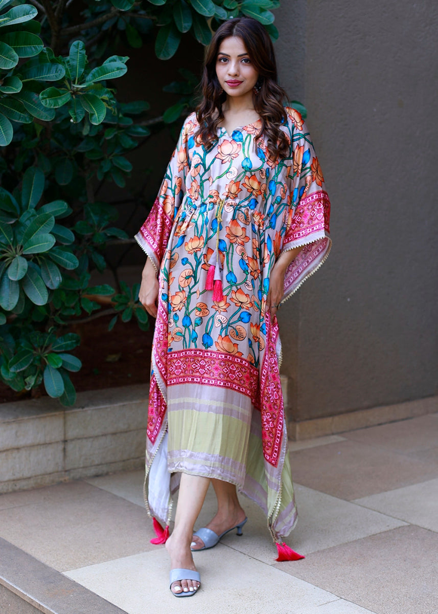 Light Pink Gaji Silk Kaftan with Gota Patti Lace and All - Over Floral Digital Print - House of Sarvati LLC