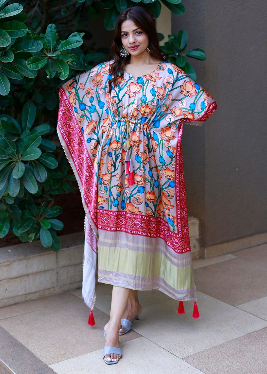 Light Pink Gaji Silk Kaftan with Gota Patti Lace and All - Over Floral Digital Print - House of Sarvati LLC