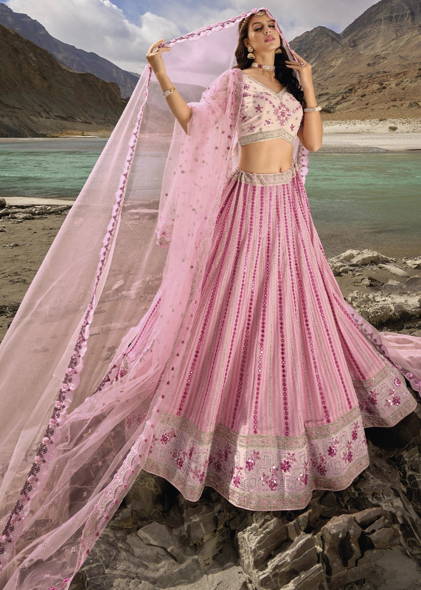 Light Pink Georgette Lehenga Choli Adorned With Cutwork, Mirror, And Zarkan Embellishments - House of Sarvati LLC