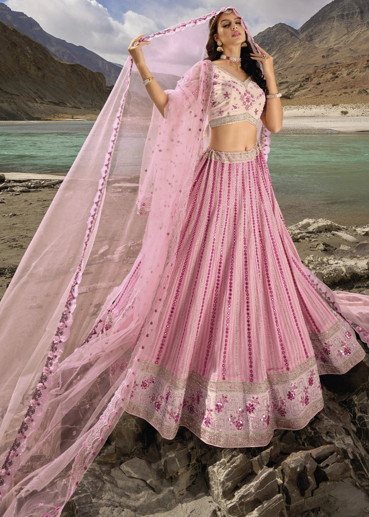 Light Pink Georgette Lehenga Choli Adorned With Cutwork, Mirror, And Zarkan Embellishments - House of Sarvati LLC