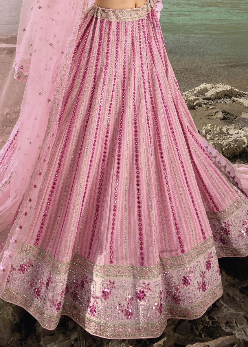 Light Pink Georgette Lehenga Choli Adorned With Cutwork, Mirror, And Zarkan Embellishments - House of Sarvati LLC