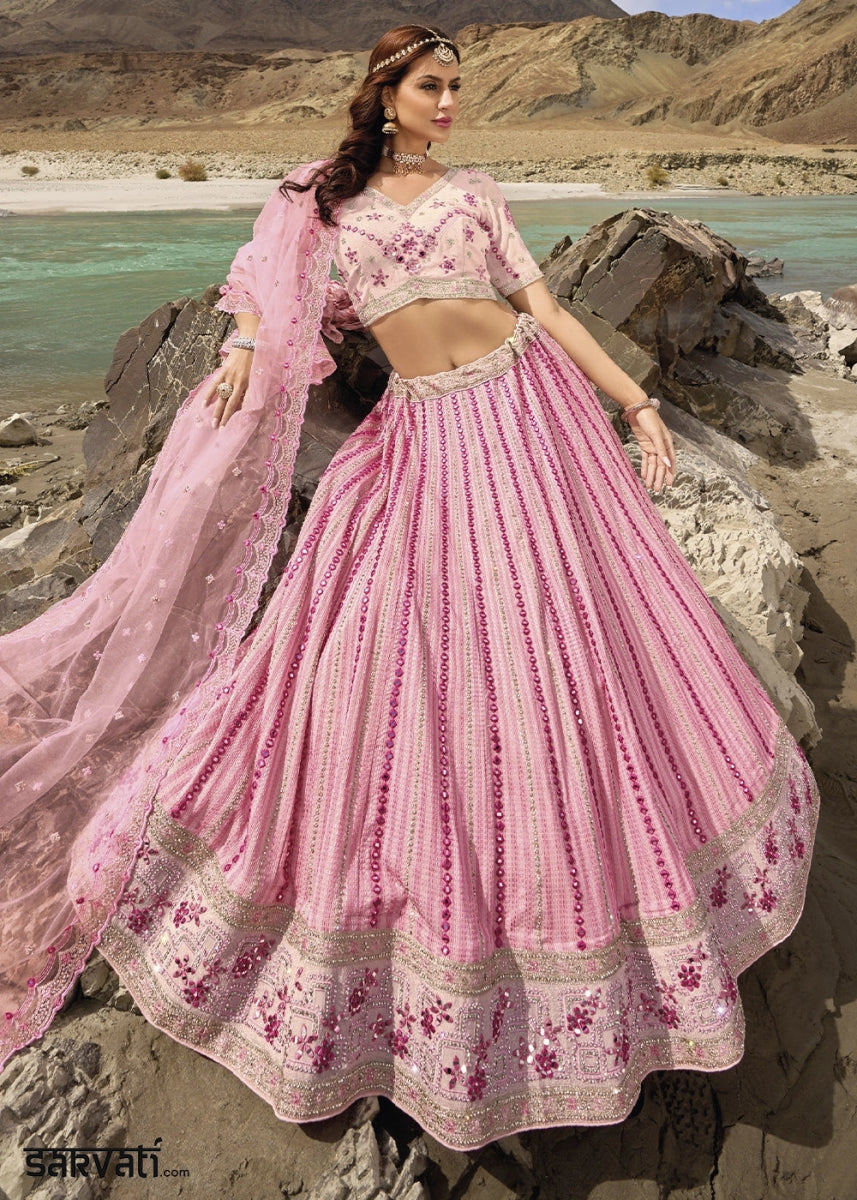 Light Pink Georgette Lehenga Choli Adorned With Cutwork, Mirror, And Zarkan Embellishments - House of Sarvati LLC