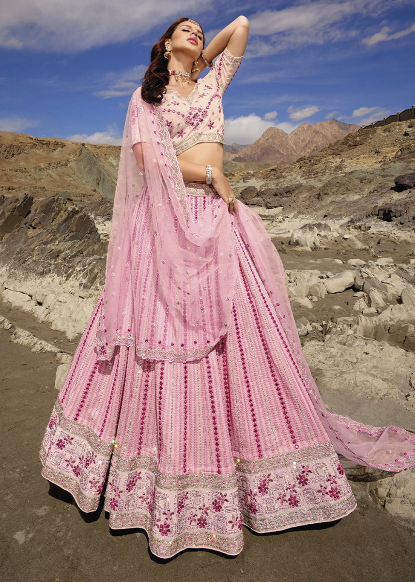 Light Pink Georgette Lehenga Choli Adorned With Cutwork, Mirror, And Zarkan Embellishments - House of Sarvati LLC