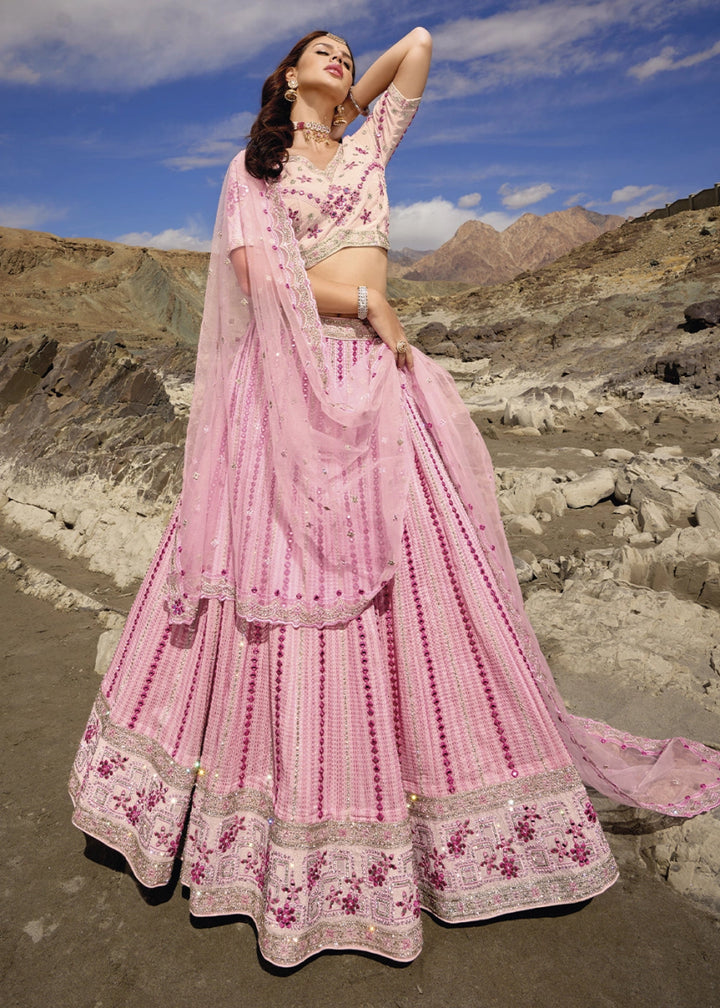 Light Pink Georgette Lehenga Choli Adorned With Cutwork, Mirror, And Zarkan Embellishments - House of Sarvati LLC