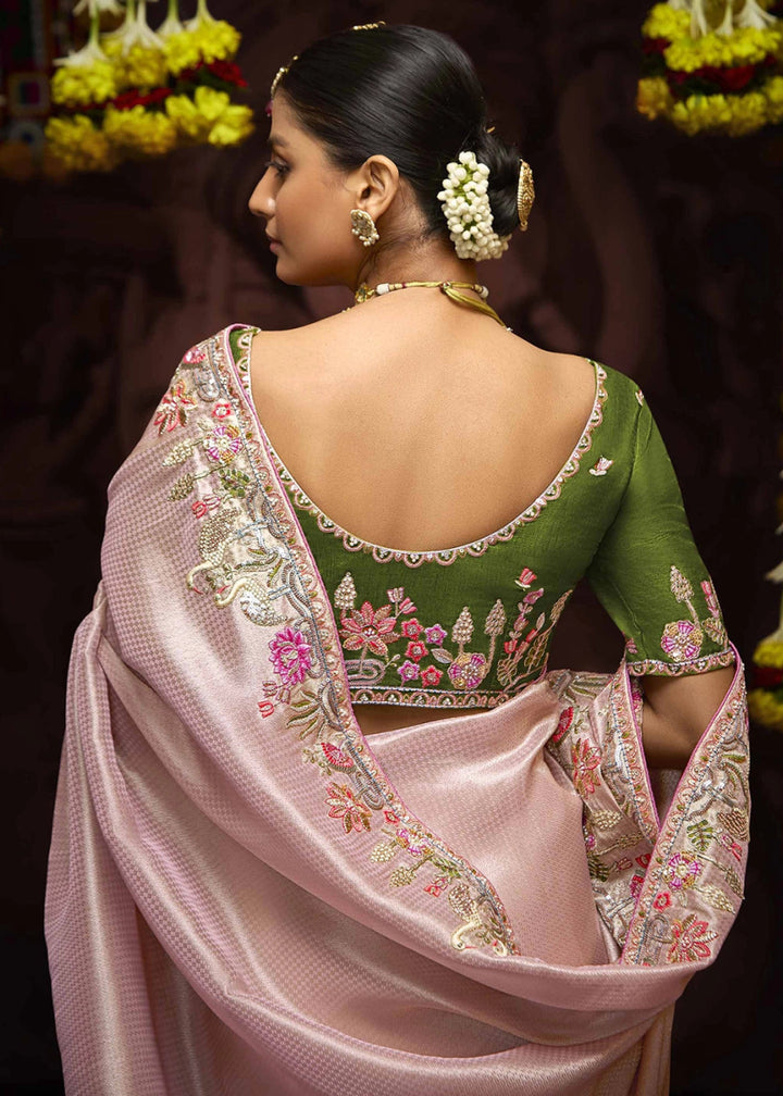 Light Pink Kanjivaram Silk Saree with Intricate Zari, Khatli, Sequin & Pearl Embroidery - House of Sarvati LLC
