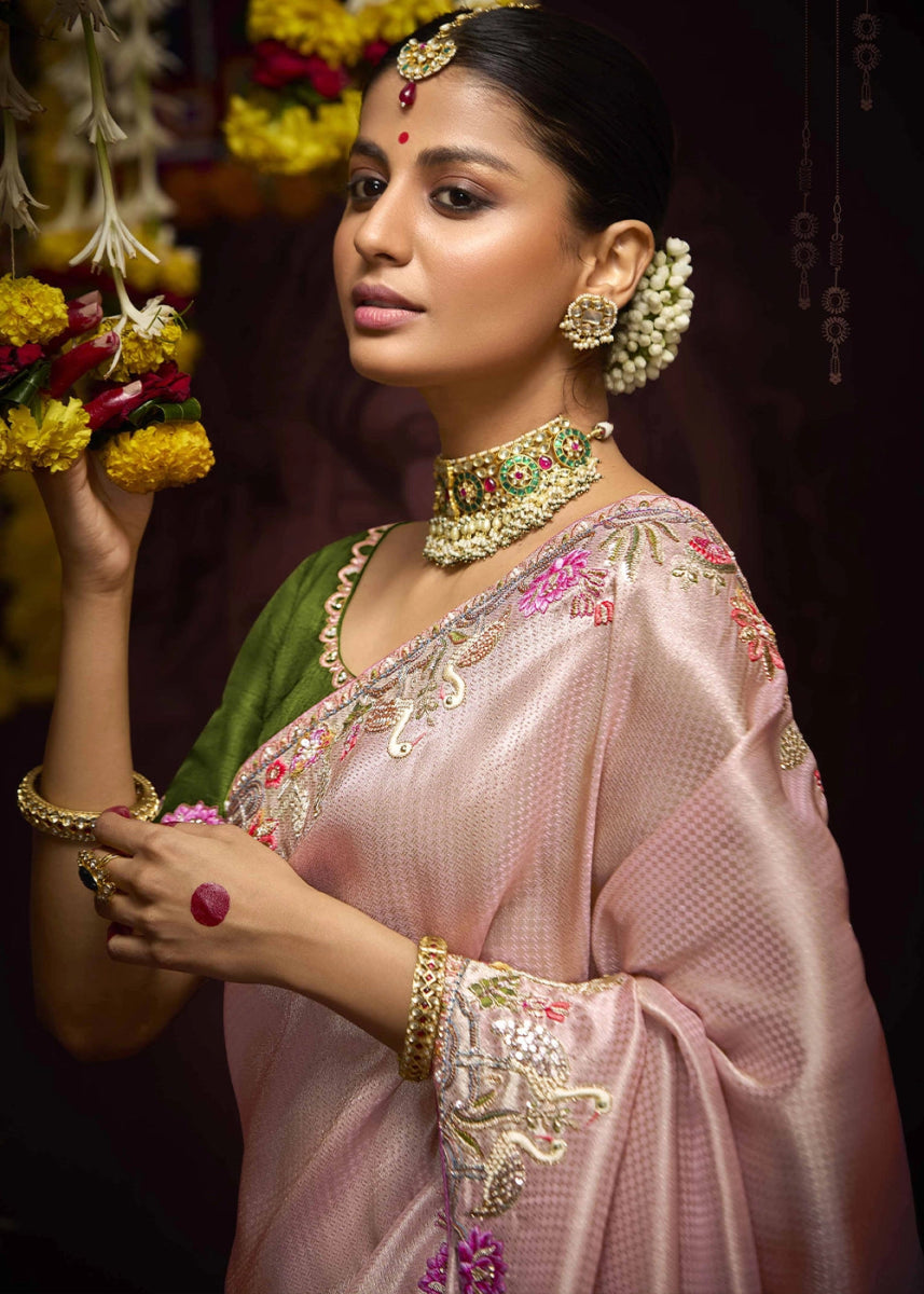 Light Pink Kanjivaram Silk Saree with Intricate Zari, Khatli, Sequin & Pearl Embroidery - House of Sarvati LLC