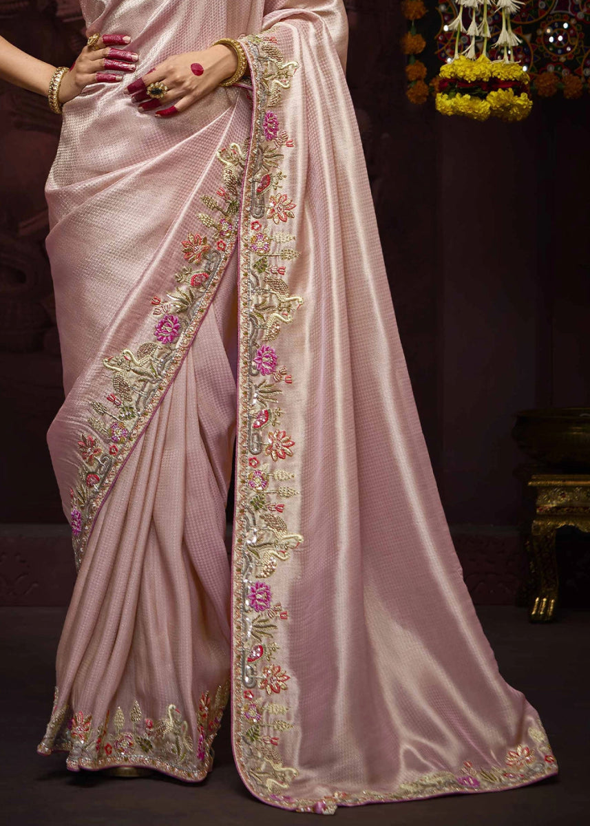 Light Pink Kanjivaram Silk Saree with Intricate Zari, Khatli, Sequin & Pearl Embroidery - House of Sarvati LLC