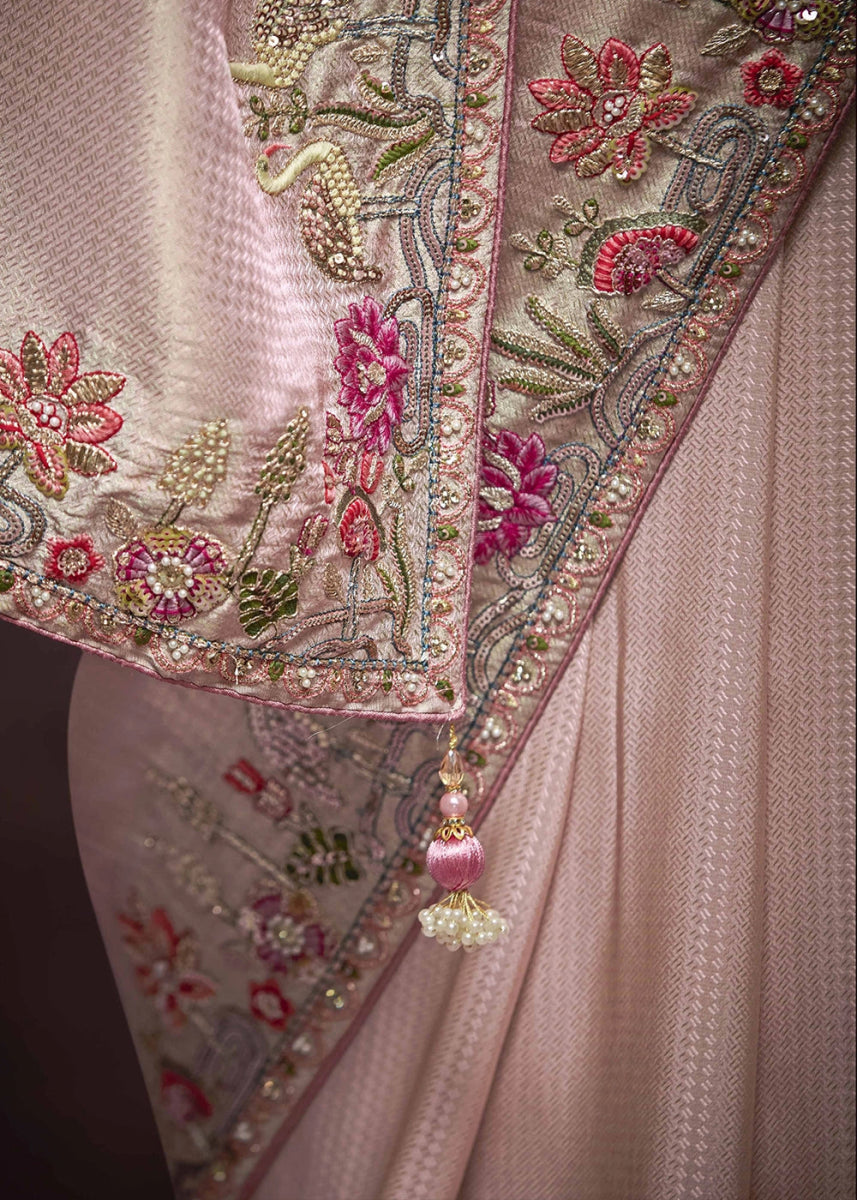 Light Pink Kanjivaram Silk Saree with Intricate Zari, Khatli, Sequin & Pearl Embroidery - House of Sarvati LLC