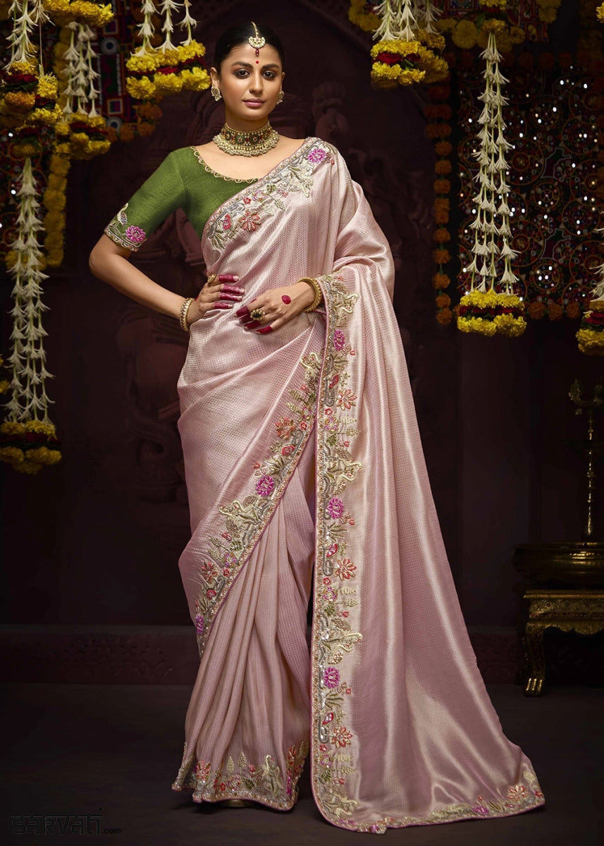 Light Pink Kanjivaram Silk Saree with Intricate Zari, Khatli, Sequin & Pearl Embroidery - House of Sarvati LLC