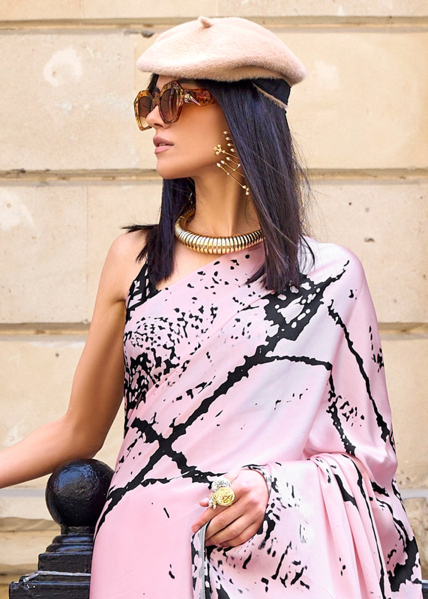 Light Pink Lightweight Printed Saree in Satin Crepe - House of Sarvati LLC