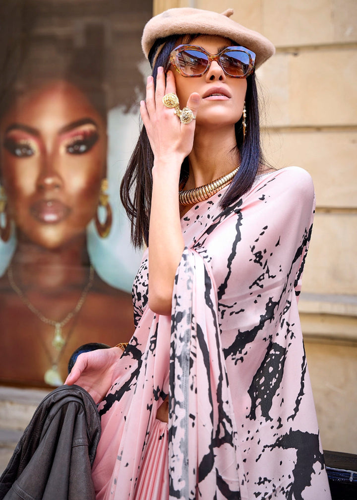 Light Pink Lightweight Printed Saree in Satin Crepe - House of Sarvati LLC