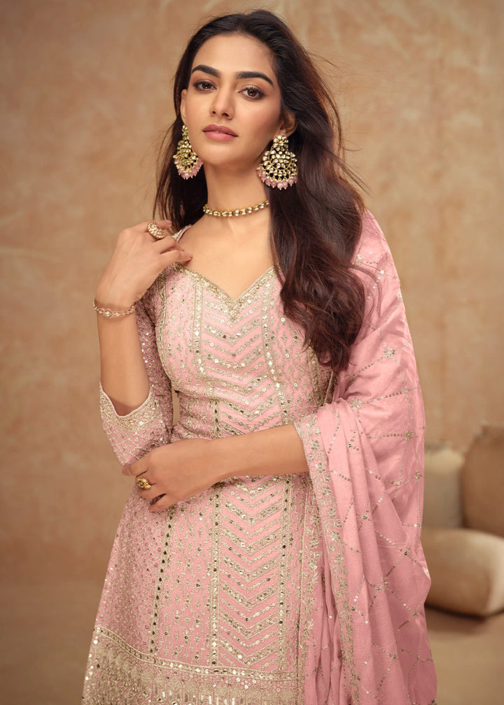 Light Pink Palazzo Suit with Delicate Embroidery on Luxurious Chinon Silk Fabric - House of Sarvati LLC