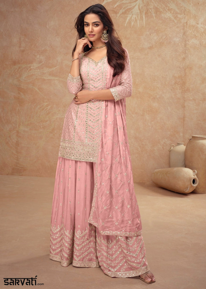 Light Pink Palazzo Suit with Delicate Embroidery on Luxurious Chinon Silk Fabric - House of Sarvati LLC