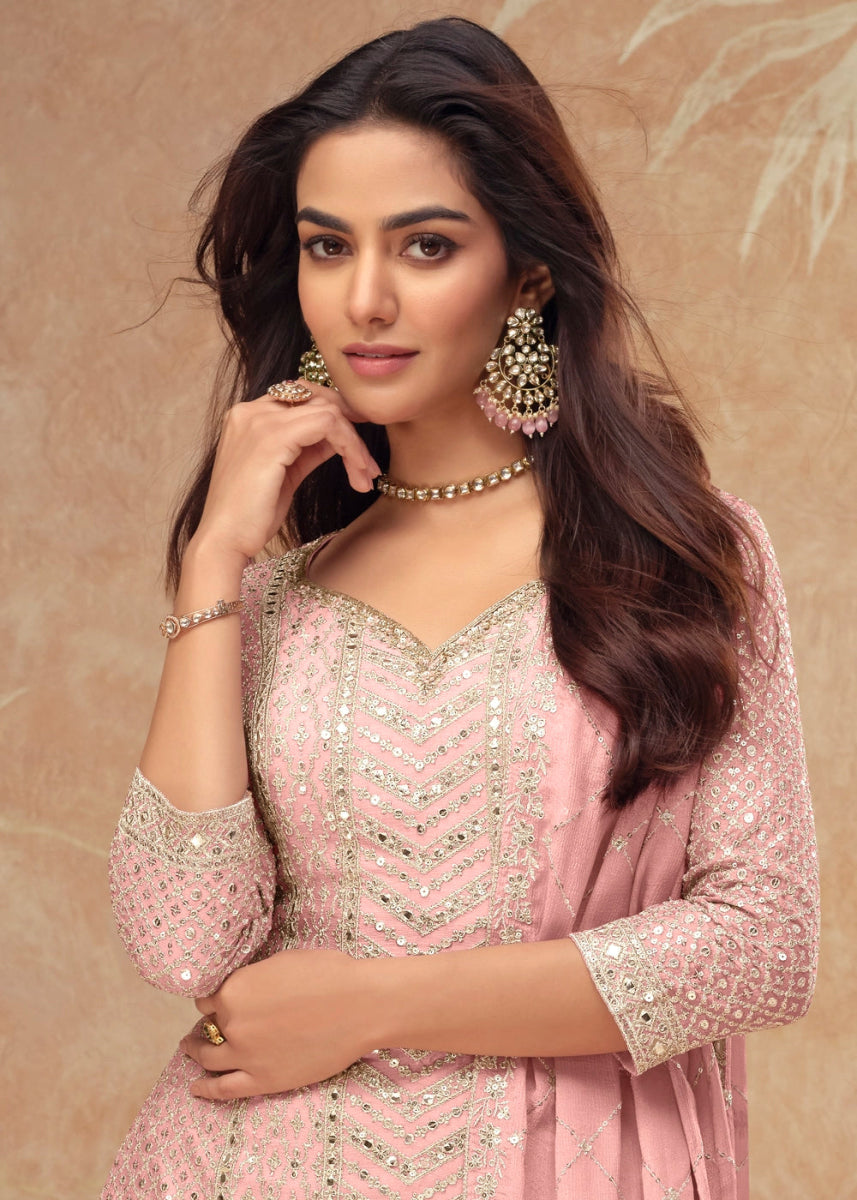 Light Pink Palazzo Suit with Delicate Embroidery on Luxurious Chinon Silk Fabric - House of Sarvati LLC