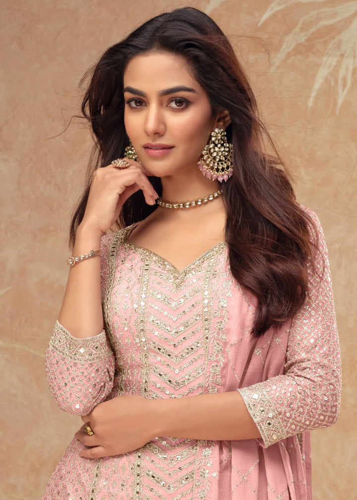 Light Pink Palazzo Suit with Delicate Embroidery on Luxurious Chinon Silk Fabric - House of Sarvati LLC