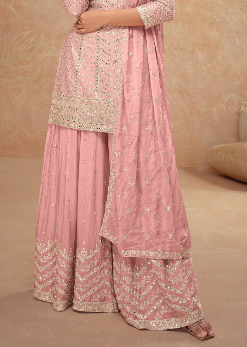 Light Pink Palazzo Suit with Delicate Embroidery on Luxurious Chinon Silk Fabric - House of Sarvati LLC