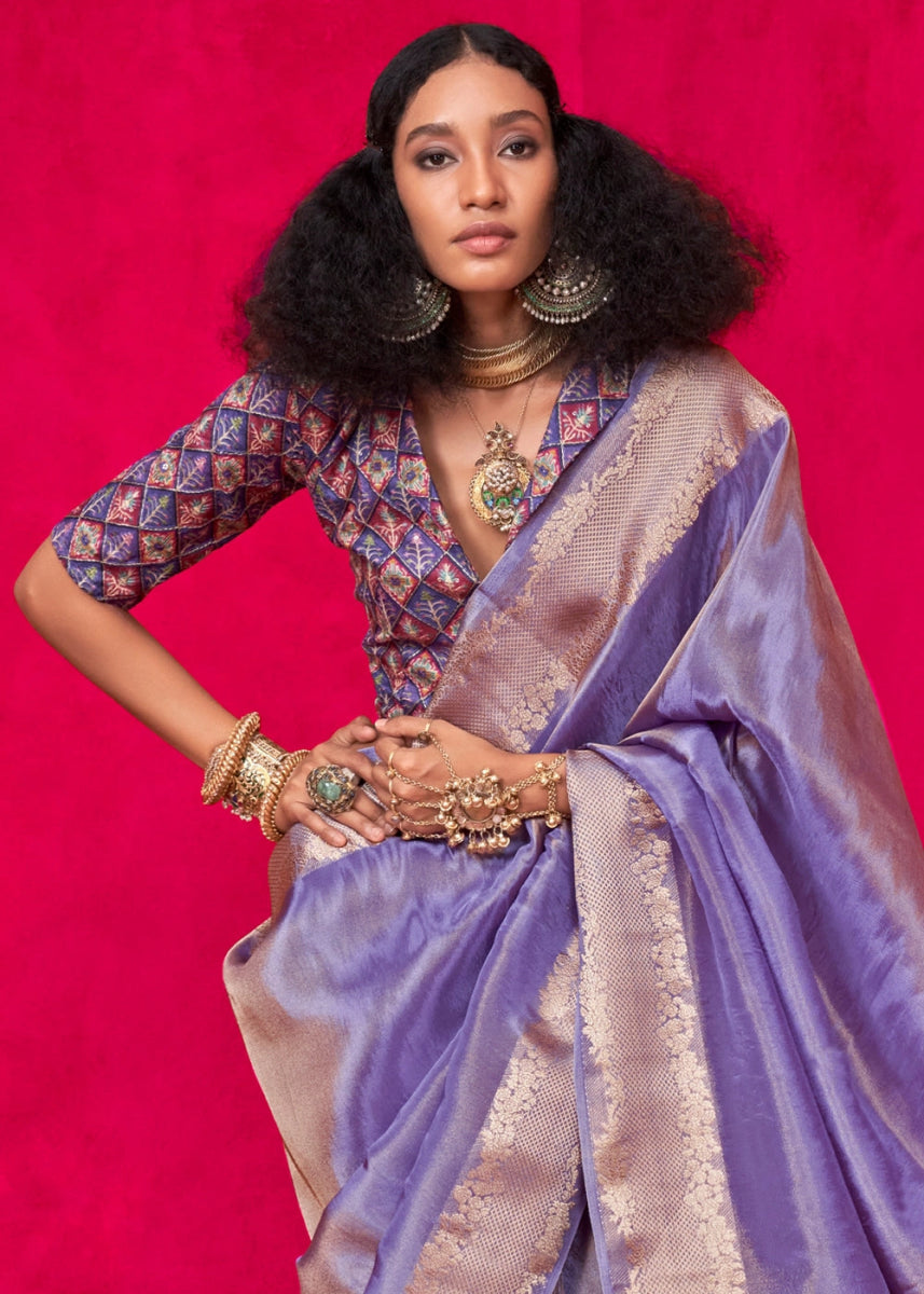 Light Purple Tissue Silk Saree with Zari Weaving - House of Sarvati LLC