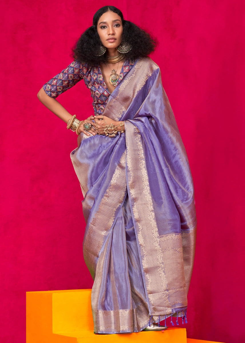 Light Purple Tissue Silk Saree with Zari Weaving - House of Sarvati LLC