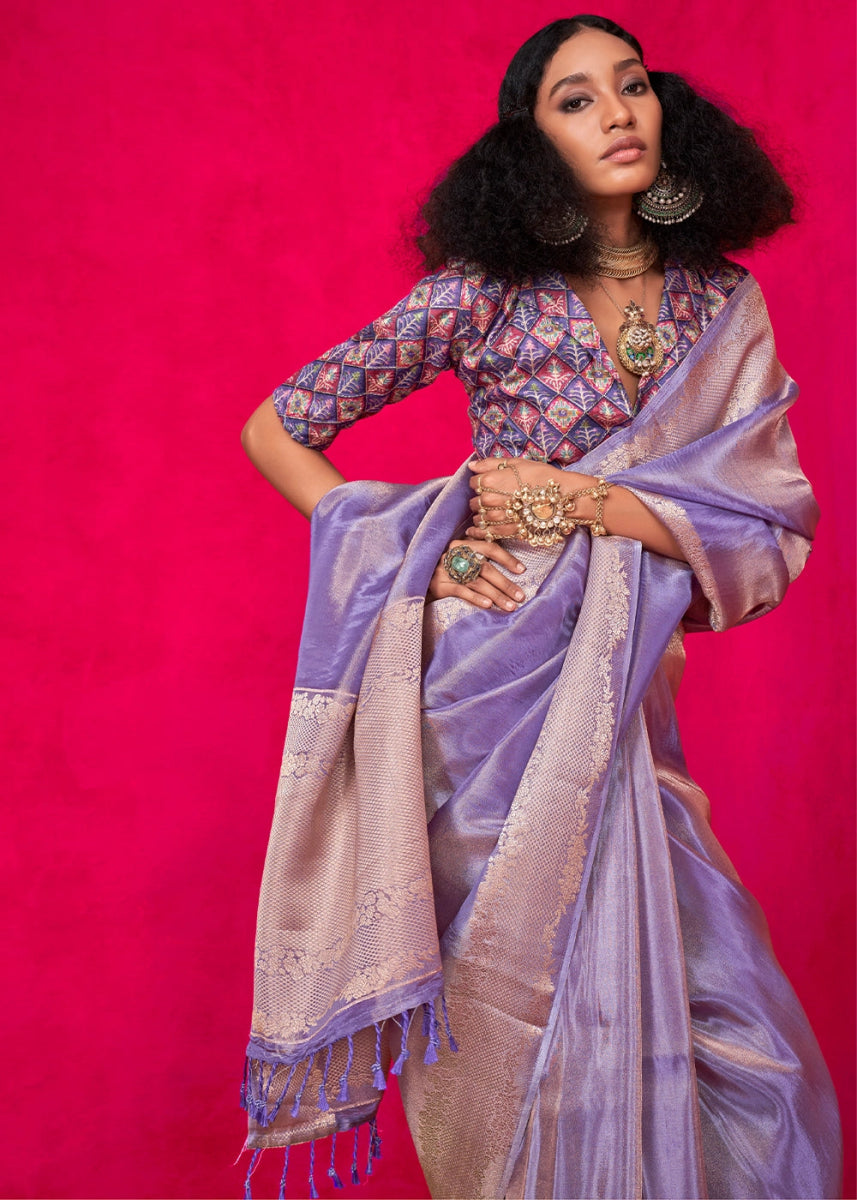 Light Purple Tissue Silk Saree with Zari Weaving - House of Sarvati LLC