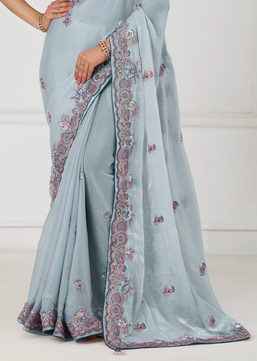 Light Sky Blue Silk Saree With Sequin And Zari work - House of Sarvati LLC