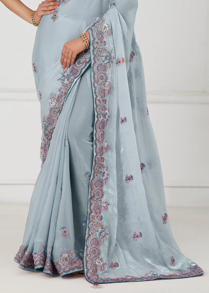 Light Sky Blue Silk Saree With Sequin And Zari work - House of Sarvati LLC